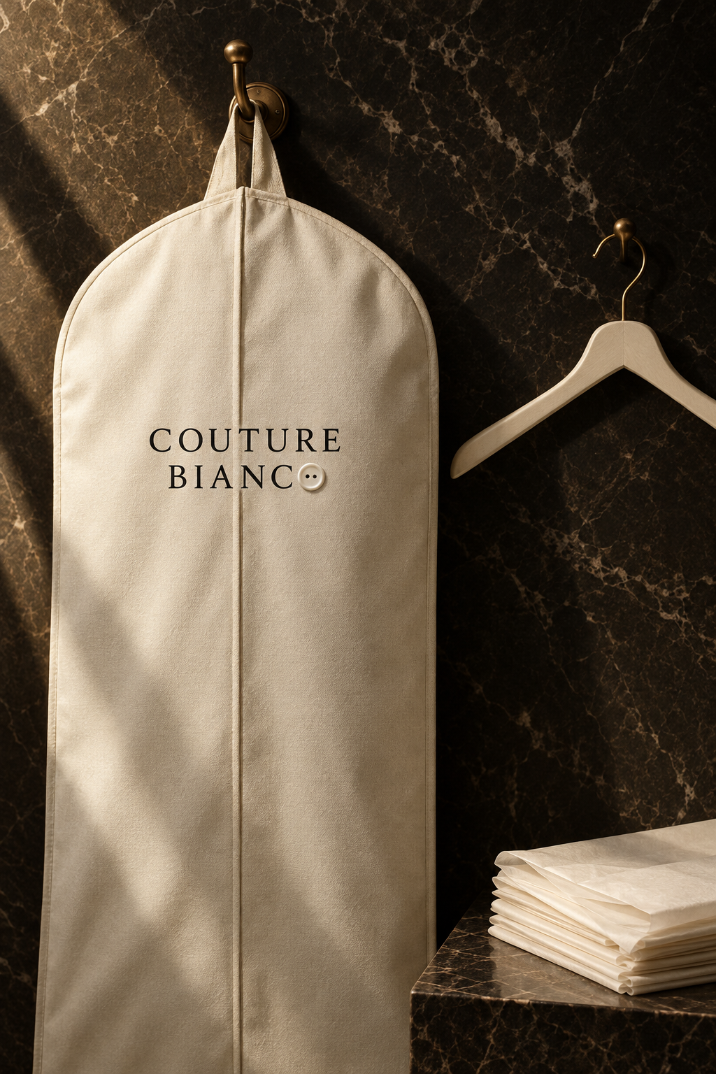 A Couture Bianco branded canvas garment bag hanging on a bronze hook against dark marble