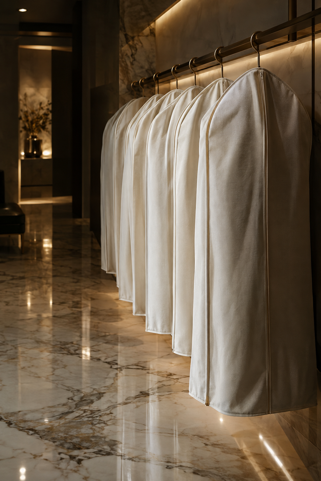 Finished garments in cream canvas bags hanging on a bronze rail in a marble atelier