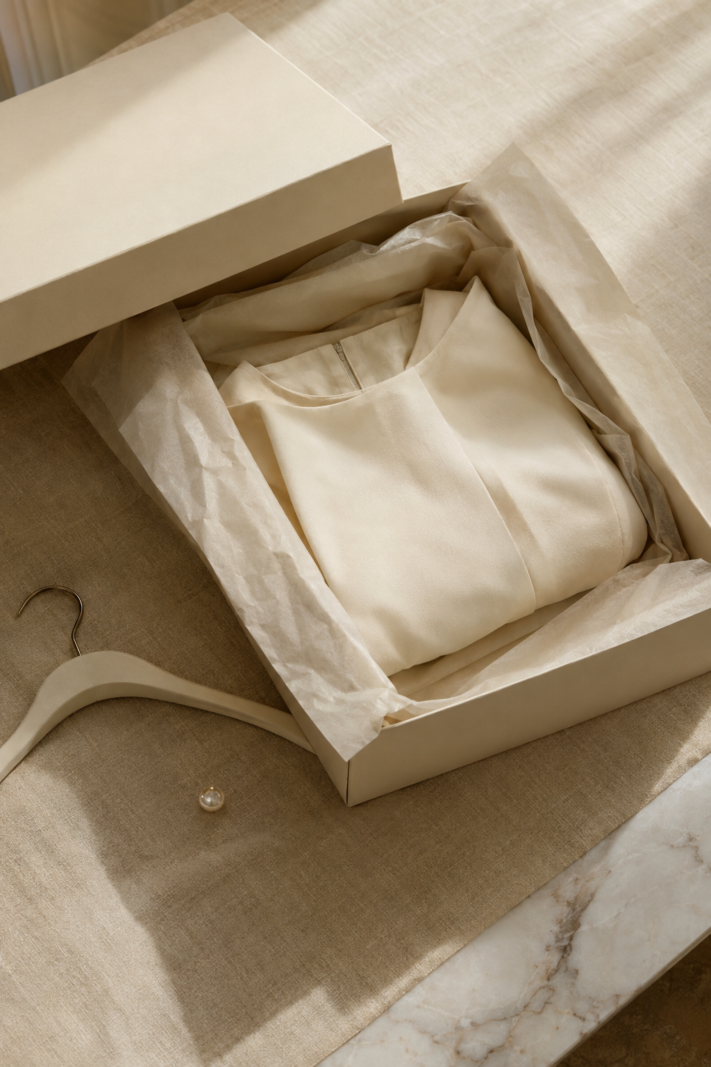 An ivory gown folded in tissue inside a cream preservation box