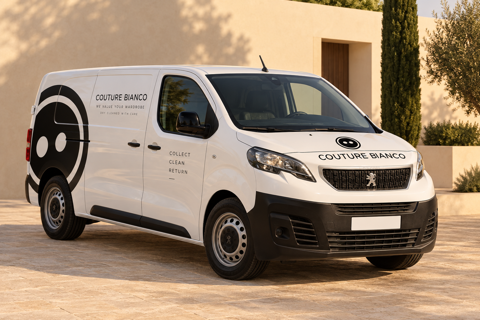 The Couture Bianco van with button logo on the bonnet and livery along its side